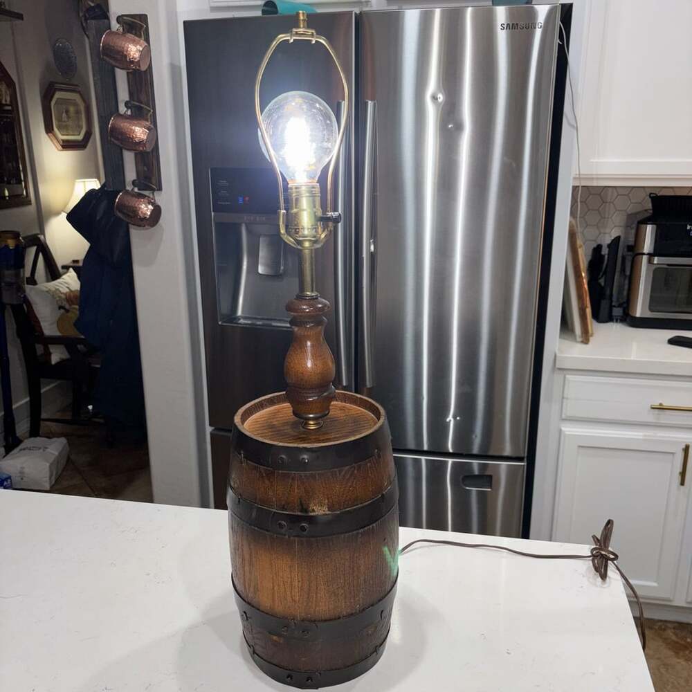 Vintage Wooden Barrel Accent Table Lamp Rustic Farmhouse Decor